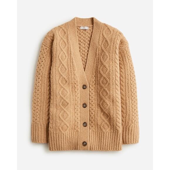 J. Crew Camel Cable Knit Stretch Merino Wool Button Cardigan Sweater Small - Picture 1 of 8